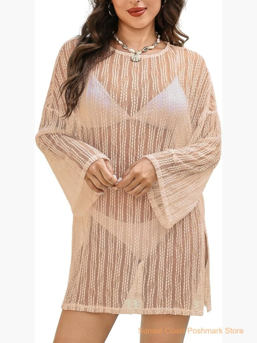 Sheer Lace Swimsuit Coverup Bohemian Long Sleeve Beach Dress